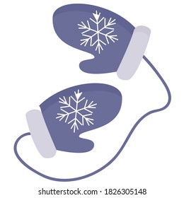 Purple mittens with elastic bands with snowflakes, isolated on white. Vector illustration.