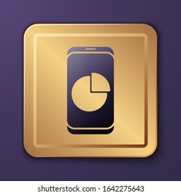 Purple Mobile phone with graph chart icon isolated on purple background. Report text file. Accounting sign. Audit, analysis, planning. Gold square button. Vector Illustration