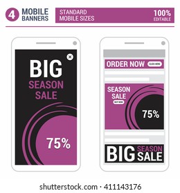 Purple Mobile Standard size Browser and Games banners set with placing in device. Vector Web Banners