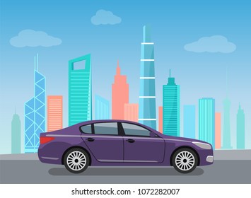 Purple modern car riding on road on background of skyscrapers vector of automobile sedan vehicle driving in urban city center, car and buildings set