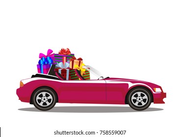 Purple modern cartoon cabriolet car full of gift boxes isolated on white background. Sport car. Vector illustration. Clip art. 