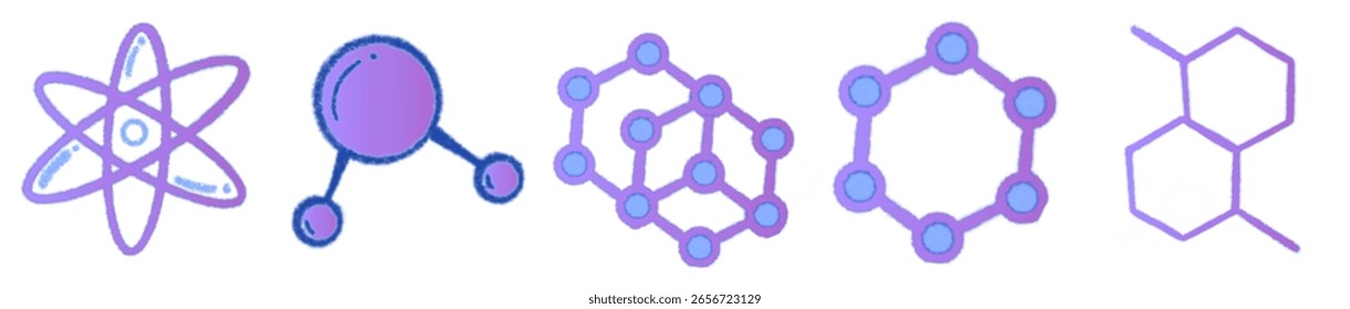 Lila Molekül Atom Wissenschaft süß Cartoon Icon Set