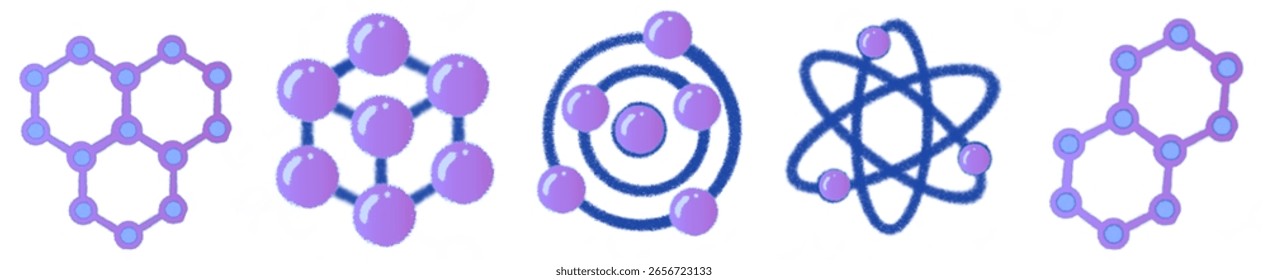 Molécula roxa Atom Science bonito ícone do desenho animado conjunto