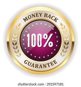Purple money back badge with gold border on white background