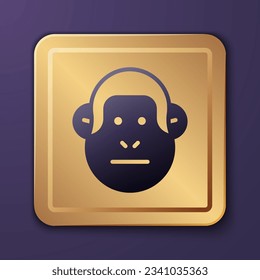 Icono de mono púrpura aislado en fondo morado. Símbolo animal. Botón cuadrado de oro. Vector