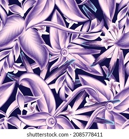 purple monochromatic botanical seamless pattern background with topical flowers plants and foliage on dark. suitable for fashion print, graphic, wallpaper and craft. Floral background. Exotic summer 