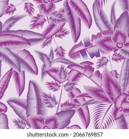 purple monochromatic stylish color tropical seamless pattern vector design fashionable with banana leaves plant and palm leaf suitable for print texture. cute color vintage tropic