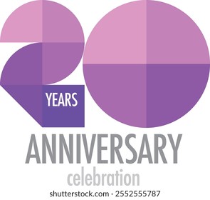 purple monochrome color number 20 geometric shapes with words anniversary celebration in the bottom, isolated on white background.