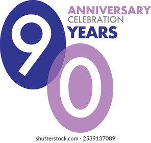 purple monochrome color with number 90 white color on oval shape and the words years anniversary celebration, isolated on white background.