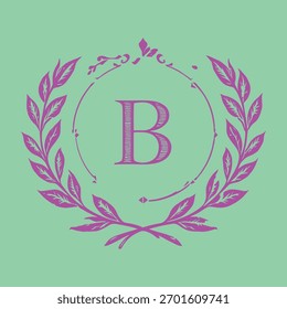 Letra púrpura del monograma B con la corona del laurel en el fondo verde menta, diseño elegante del emblema para la marca y la decoración