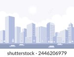 Purple monotone cityscape background, high-rise buildings, and trees at city view. Monochrome urban landscape with sun and clouds in the sky. Modern flat-style architectural vector illustration