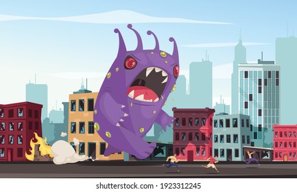 Purple monster attacking city cartoon vector illustration