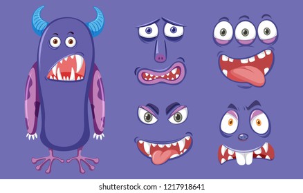 Monstruo púrpura con ilustración de expresión facial diferente