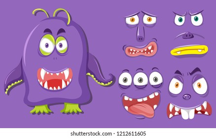 Purple monster and facial expression illustration