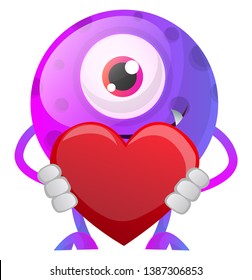 Purple monster holding heart illustration vector on white background