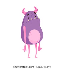 Purple Monster with Horns Expressing Sadness Vector Illustration