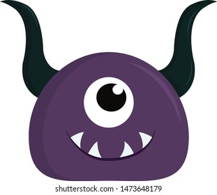 Purple monster with large sharp black horns, vector, color drawing or illustration.