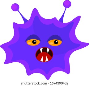 purple monster microbe with sharp fangs and mustache antennas concept of viruses and microorganisms object on a white background