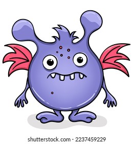 A purple monster with pink wings. Vector alien. Cartoon character. Funny microbe.