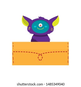 Purple monster in the pocket. Raster illustration clipart design