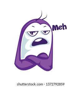 Purple monster saying Meh vector sticker illustration on a white background