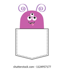 Purple monster silhouette in the pocket looking up. Cute cartoon scary funny baby character. T-shirt design. Eyes, fang tooth, tongue. White background. Happy Halloween. Flat design. Vector