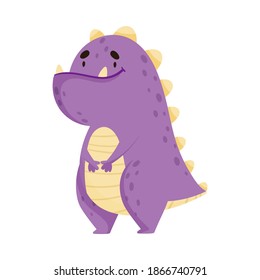Purple Monster with Teeth and Horns Standing and Smiling Vector Illustration