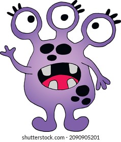 Purple monster with three eyes. Cute cartoon scary funny character. Flat vector illustration.