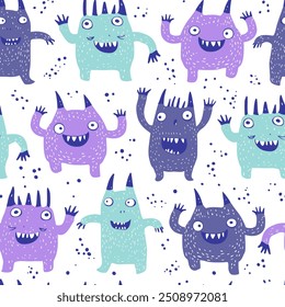 Purple monsters background. Hand drawing monsters seamless print design. 