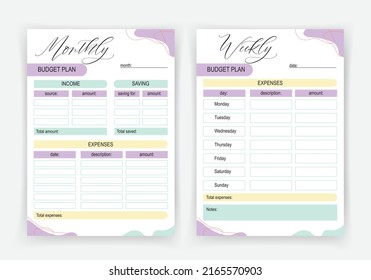 Purple month and weekly budget planner in modern pastel style. Set of budget planners for month and week. Minimalist simple printable planner.