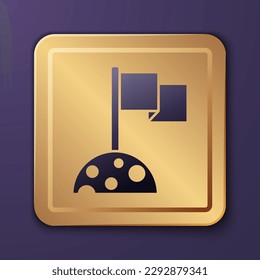 Purple Moon with flag icon isolated on purple background. Gold square button. Vector