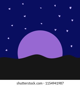 Purple Moon Shining in the Dark Sky Surrounding by Stars at Night Free Hand Drawn Vector