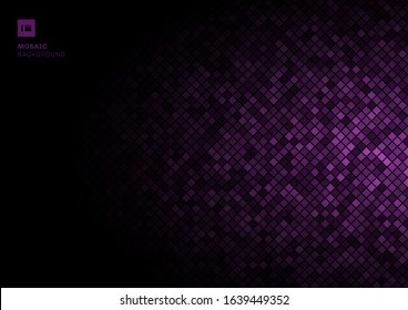 Purple mosaic pixel seamless pattern on fade out black background texture. Squares shapes repeating random color. Vector illustration