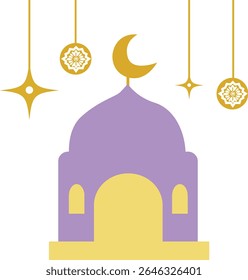 A purple mosque with hanging crescent moon and stars, representing Islamic culture and celebrations, ideal for Eid and Ramadan illustrations.