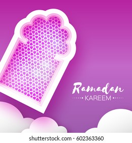 Purple Mosque Window. Origami Ramadan Kareem Greeting card. Arabic arabesque pattern. Paper cut cloud. Holy month of muslim. Crescent Moon. Symbol of Islam. Vector illustration.