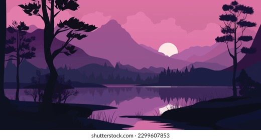 Purple Mountain Lake Scene with Tree Silhouettes