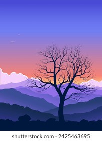 Purple mountain landscape with huge lonely old tree. Wild nature at sunset. Vector illustration.