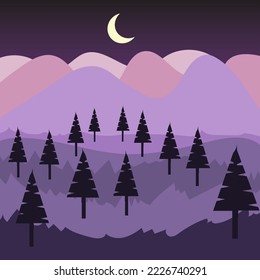 purple mountain view with purple hills and dark purple hills under pink cloudy sky. yellow moon background with bright shooting stars with parallax view of peach hills, cartoon vector illustration.
