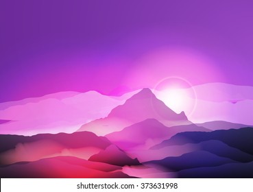 Purple Mountains in Fog Sunrise - Vector Illustration