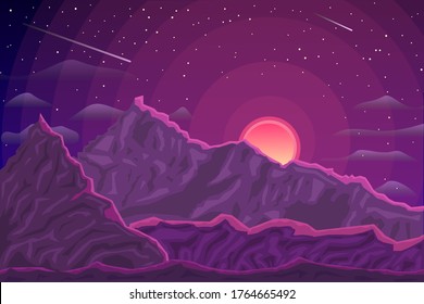 Purple mountains vector landscape. Evening mountains and sun
