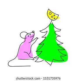 The purple mouse extends its legs to the cheese, which is located on top of a green Christmas tree. Icon. Isolated. Vector illustration.