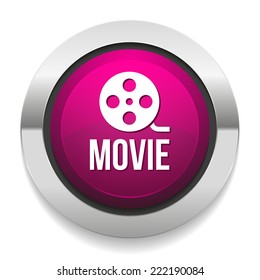 Purple movie button with metallic border on white background