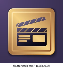 Purple Movie clapper icon isolated on purple background. Film clapper board. Clapperboard sign. Cinema production or media industry. Gold square button. Vector Illustration