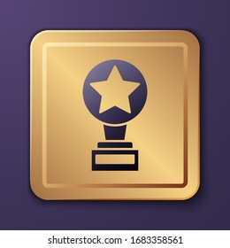Purple Movie trophy icon isolated on purple background. Academy award icon. Films and cinema symbol. Gold square button. Vector Illustration