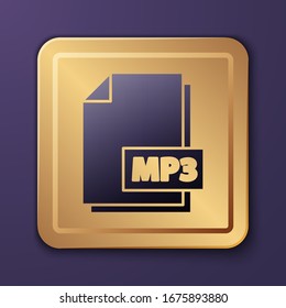 Purple MP3 file document. Download mp3 button icon isolated on purple background. Mp3 music format sign. MP3 file symbol. Gold square button. Vector Illustration