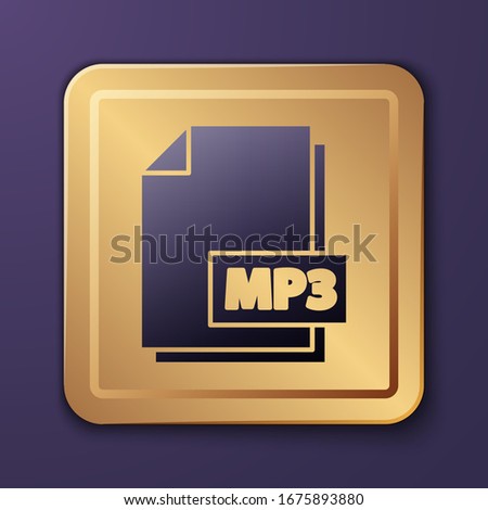 Purple MP3 file document. Download mp3 button icon isolated on purple background. Mp3 music format sign. MP3 file symbol. Gold square button. Vector Illustration