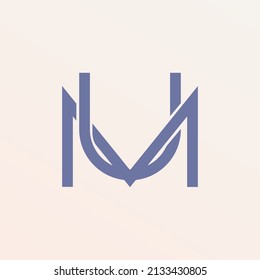 Purple MU monogram vector logo within beige background.