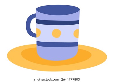 Purple mug adorned with yellow circles and stripes, resting on a matching yellow saucer, creating a simple yet stylish flat vector illustration set against a clean white background
