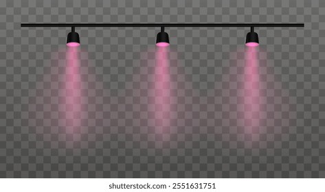 Purple Multi-light. Triple spotlights, ceiling lighting, focused beams, modern illumination, interior design, stage setup, brightness, decoration, electric fixture, event lighting, studio equipment.