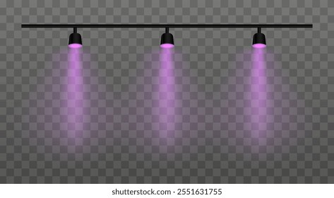 Purple Multi-light. Triple spotlights, ceiling lighting, focused beams, modern illumination, interior design, stage setup, brightness, decoration, electric fixture, event lighting, studio equipment.